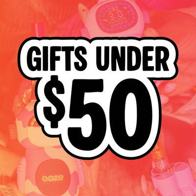 Promotional graphic with 'Gifts Under $50' text on a red background with product images.