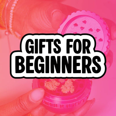 Pink container with floral design held by a hand, labeled 'Gifts for Beginners' on a pink background.
