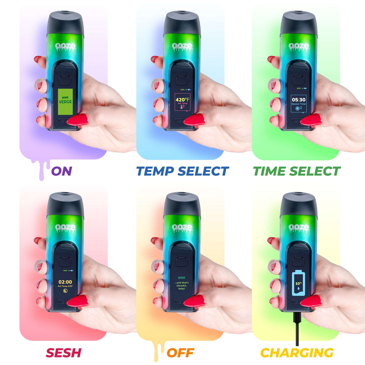 Different views of the Blue Verge cannabis vape in different modes

