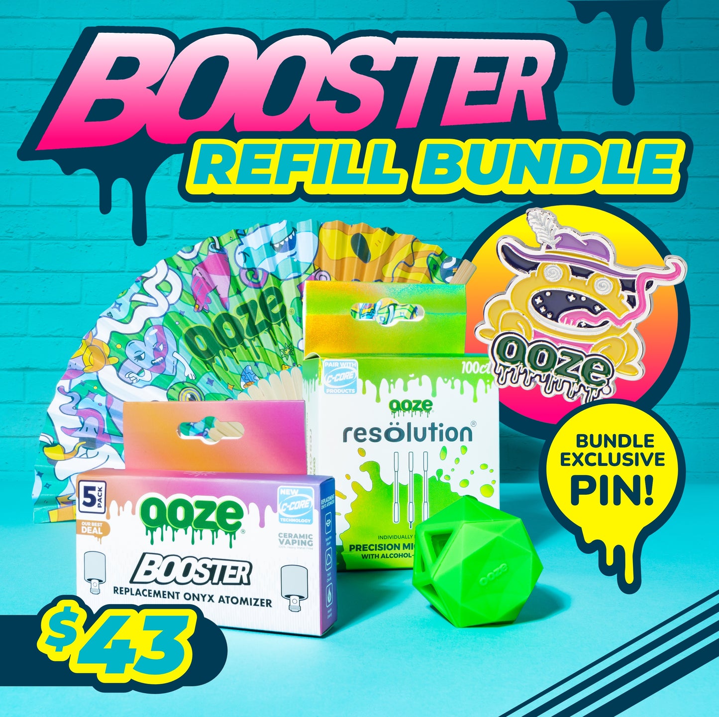 The Booster Refill Bundle graphic shows the bundle's contents and a $43 bubble