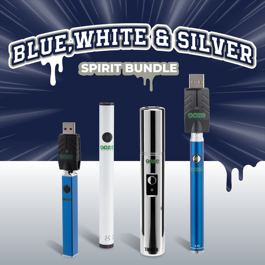 The Blue, White, and Silver Spirit Bundle graphic shows the sappire blue Ooze Quad, white Twist Slim Pen 2.0, chrome Tanker, and sapphire blue Twist Slim Pen 1.0 all lined up
