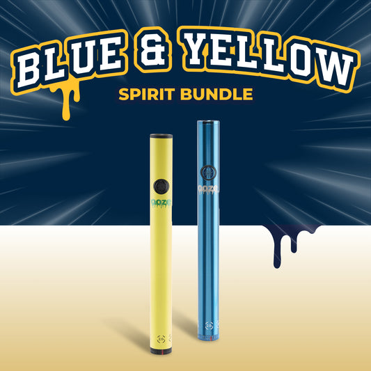 The Blue and Yellow Spirit Bundle graphic shows the mellow yellow and sapphire blue Ooze Twist Slim Pen 2.0s next to each other