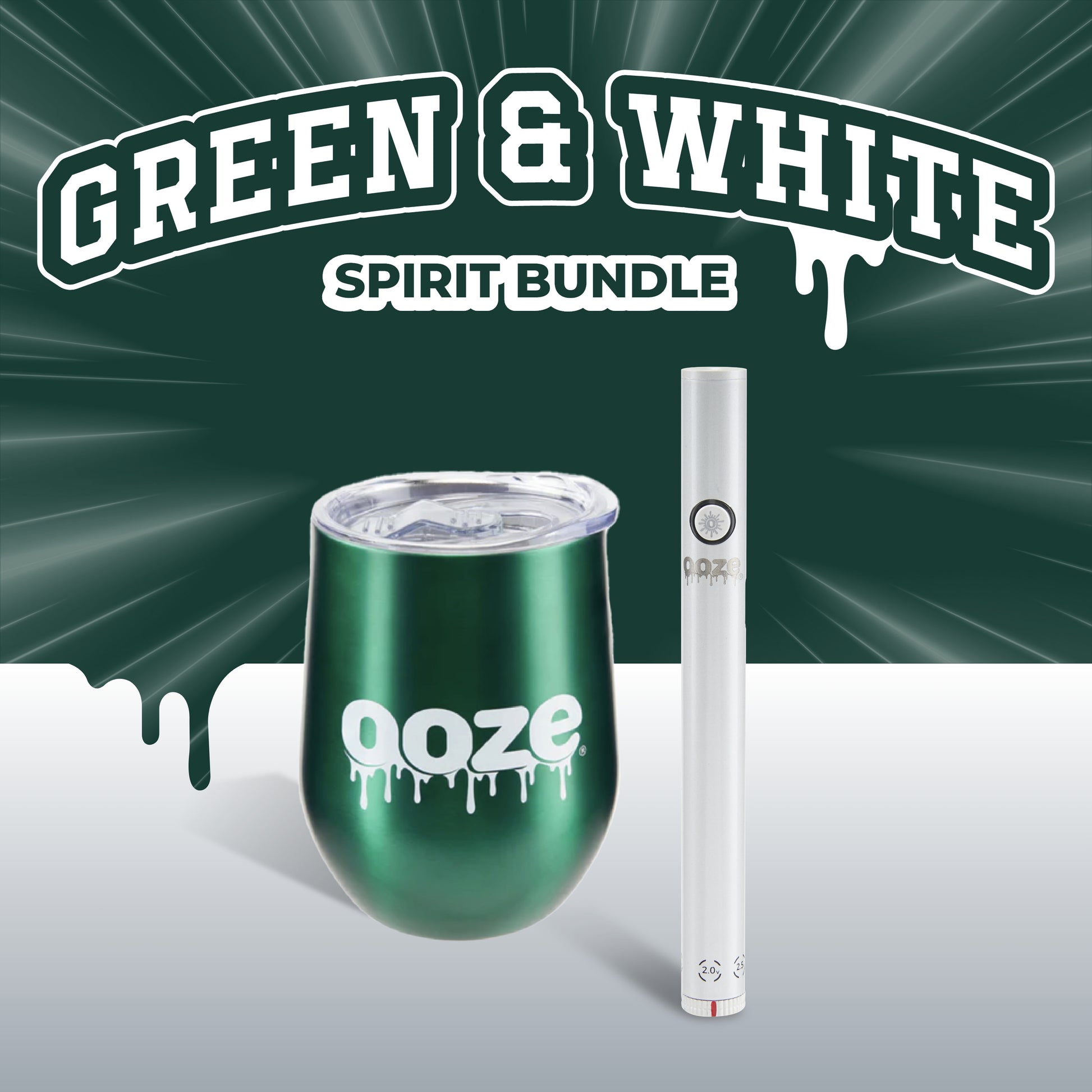 The Green and White Spirit Bundle graphic shows the green Ooze 12oz tumbler and polar pearl Twist Slim Pen 2.0