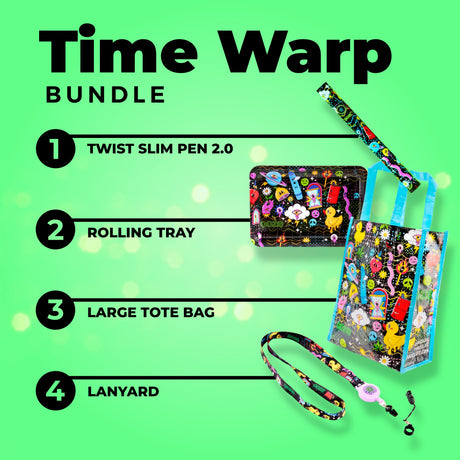 A list of the items included in the Ooze Time Warp Bundle: Twist Slim Pen 2.0, Rolling Tray, Large Tote bag, and a Lanyard