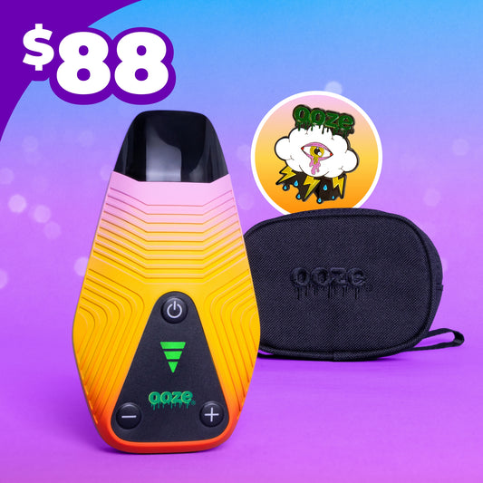 The Ooze Sunshine Bundle shows the Brink dry herb vape, smell proof wristlet, and an enamel pin for $88