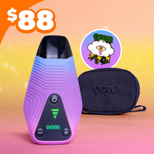 The Twilight Bundle graphic shows the Ooze Brink dry herb vape, smell proof wristlet and enamel pin for $88