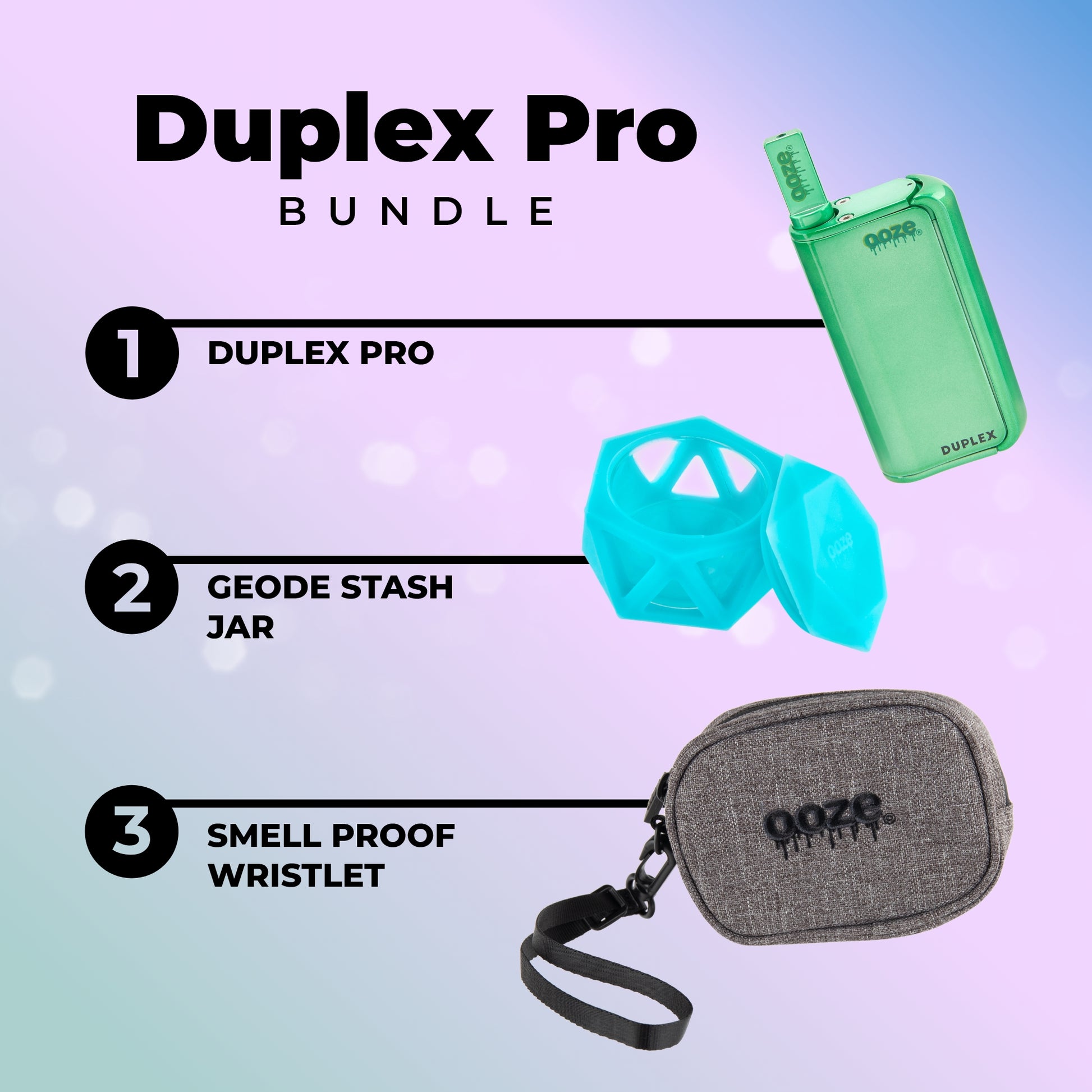 A list of the products in the Duplex Pro bundle: 1. Duplex Pro, 2. Geode Stash Jar, 3. Smell Proof Wristlet