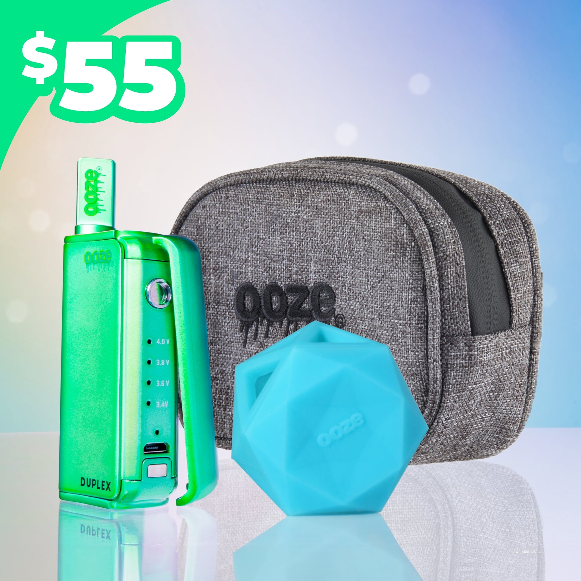 The Duplex Pro Bundle graphic shows a mary jade Ooze Duplex Pro, teal geode stash jar and grey wristlet with $55 in the corner