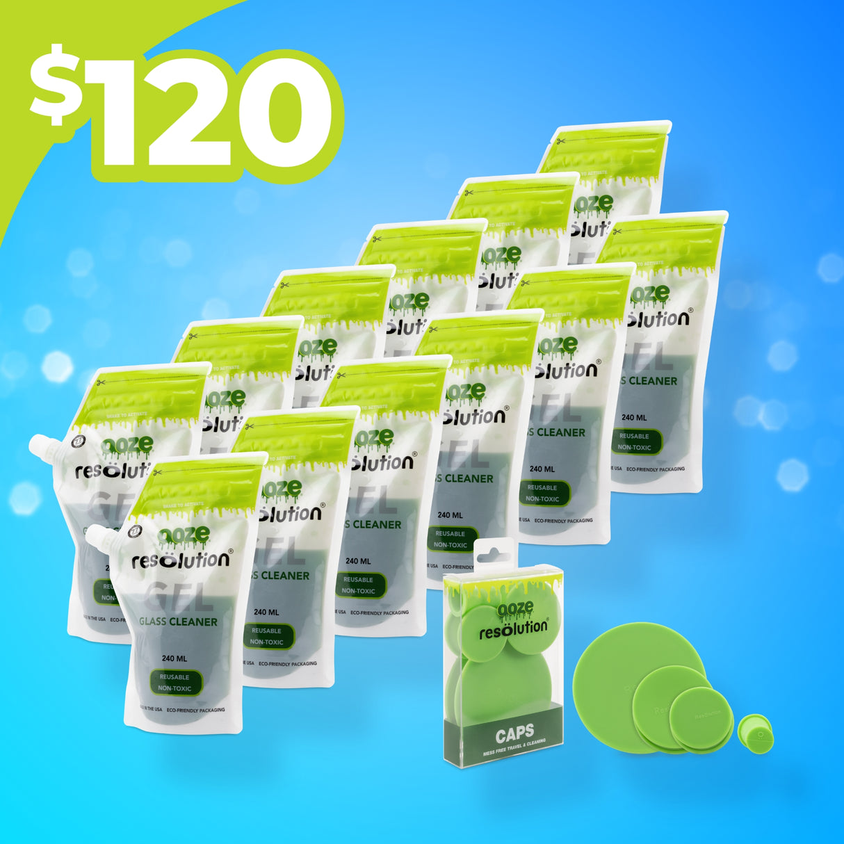 Ooze Resolution Gel 12Pack Combo Glass Bong & Pipe Cleaning Kit Bund