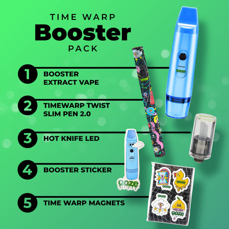 A list showing the items included in the Time Warp Booster Pack: 1. Booster 2. Time Warp TSP 2.0 3. Hot Knife LED 4. Booster Sticker 5. Time Warp Magnets