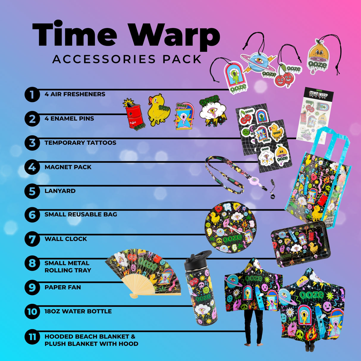 A list showing all 18 items included in the Ooze Time Warp Accessories Pack