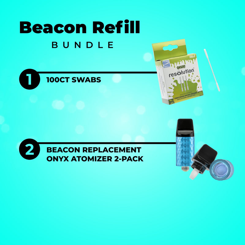Beacon Refill Bundle with swabs and atomizers on a blue background