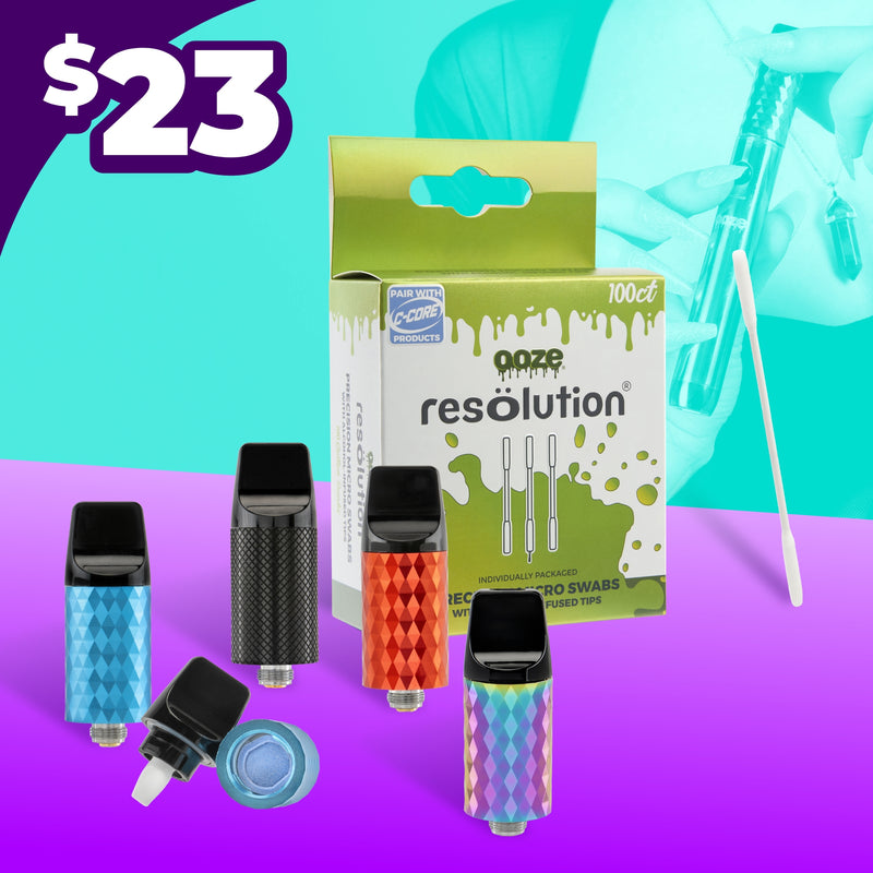 100ct Ooze Resolution micro swabs with one of each color Beacon mouthpieces and a $23 price tag