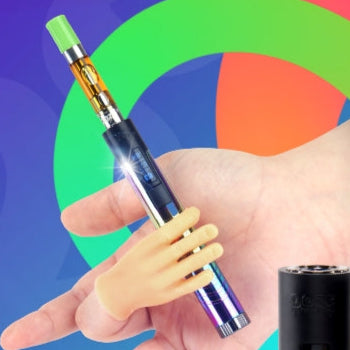 A black Digit battery held by a tiny hand