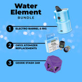 Product bundle with Electro Barrel E-Rig, Onyx Atomizer Replacements, and Geode Stash Jar on a blue background.