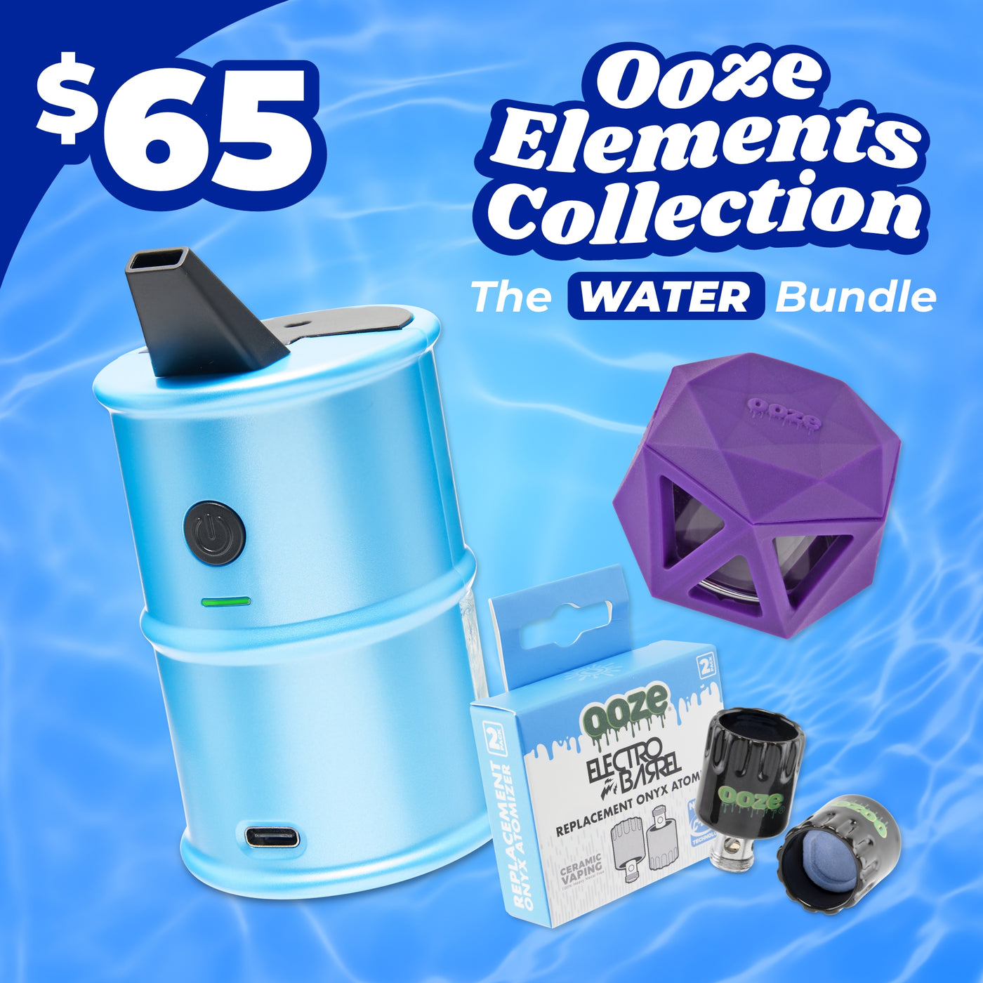 Ooze Elements Collection with blue and purple devices on a blue water-themed background