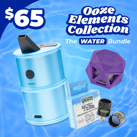 Ooze Elements Collection with blue and purple devices on a blue water-themed background