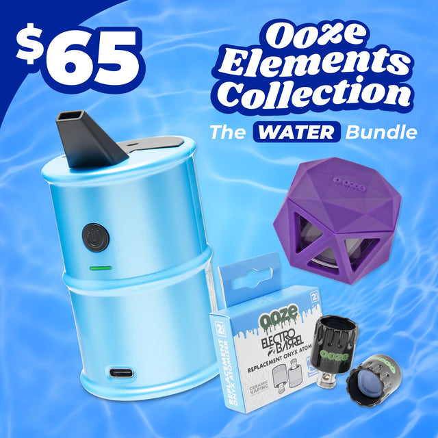 Ooze Elements Collection with blue and purple devices on a blue water-themed background
