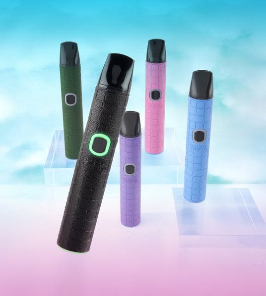 Five Pinch devices with different colored bodies on a gradient background