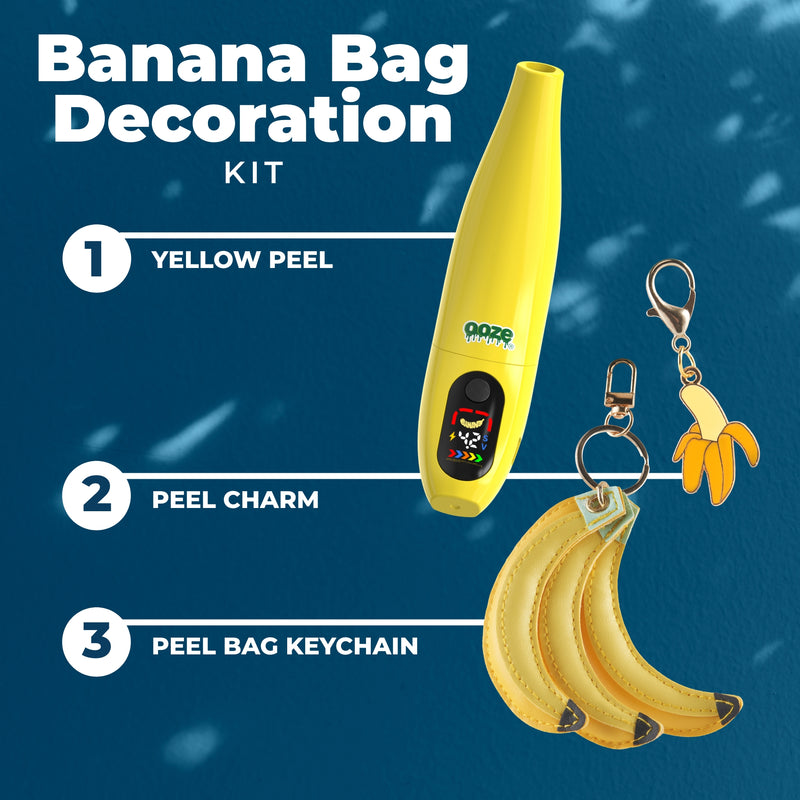 Banana Bag Decoration Kit with yellow peel, peel charm, and peel bag keychain on a blue background.