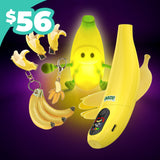 Banana-themed product set including a banana-shaped device, keychain, and figurine on a purple background with a price tag of $56.