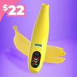 Yellow device shaped like a banana with a digital display on a purple background, featuring the brand 'Ooze'.