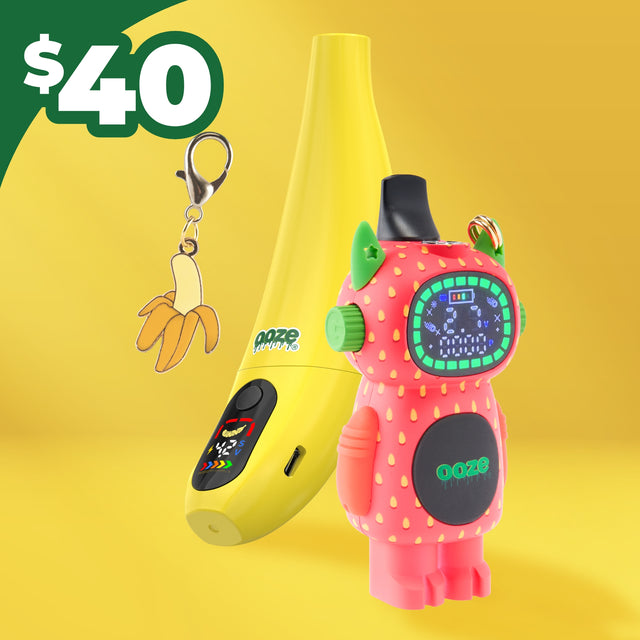 A yellow Ooze Peel banana battery and Strawberry Bot vape are shown with a banana charm with a $40 price tag.