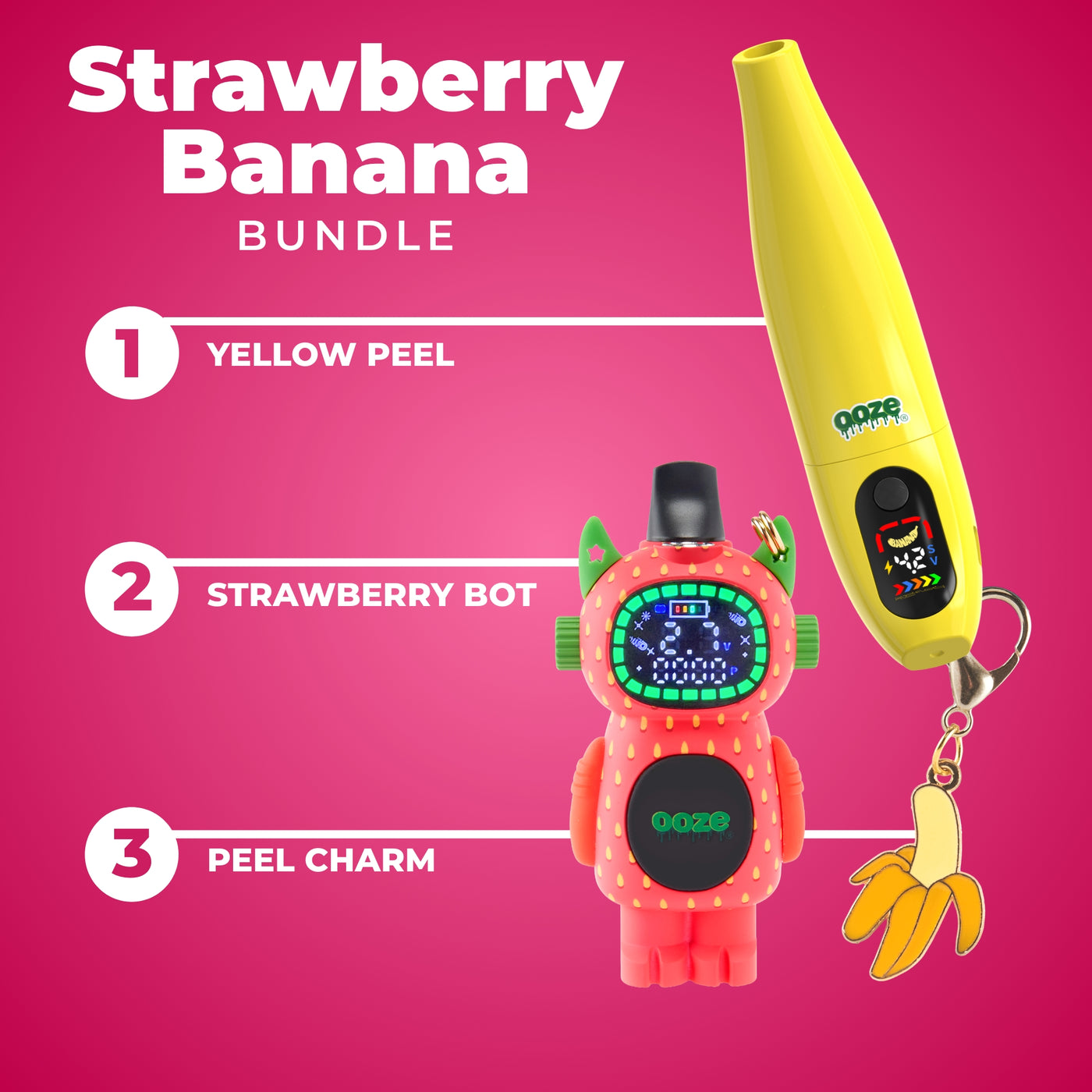 Strawberry Banana Bundle with yellow peel, strawberry bot, and peel charm on a pink background
