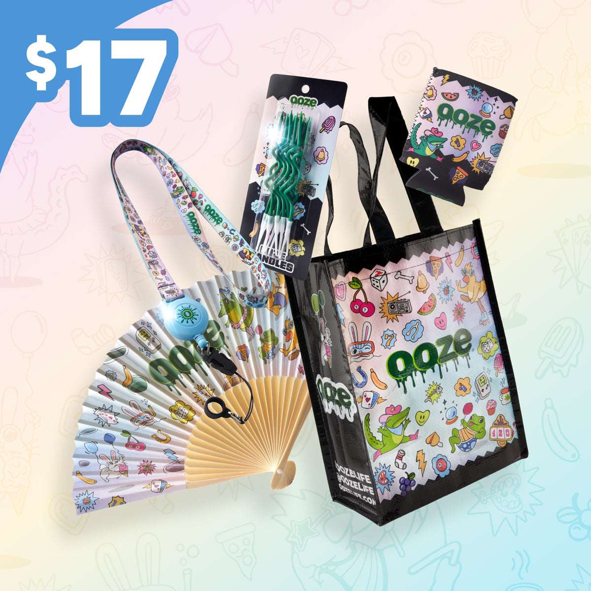 Hotel Lucky Birthday Package bundle with birthday candles, koozie, fan, lanyard, and bag for $17