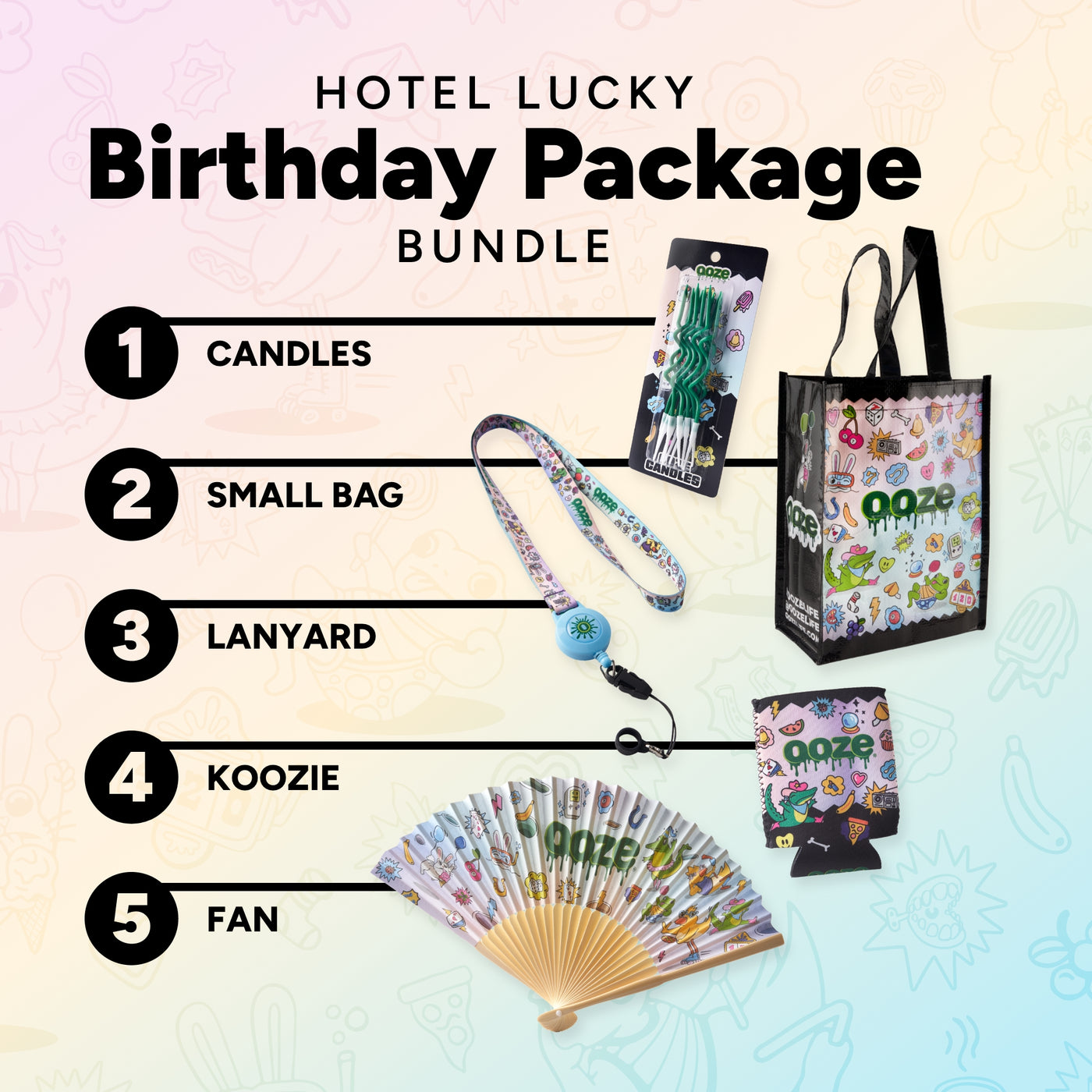 Hotel Lucky Birthday Package Bundle with candles, small bag, lanyard, koozie, and fan on a gradient background.