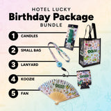 Hotel Lucky Birthday Package Bundle with candles, small bag, lanyard, koozie, and fan on a gradient background.