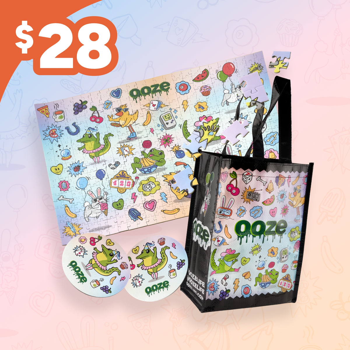 Hotel Lucky Game Room bundle with a puzzle, coasters and tote bag for $28
