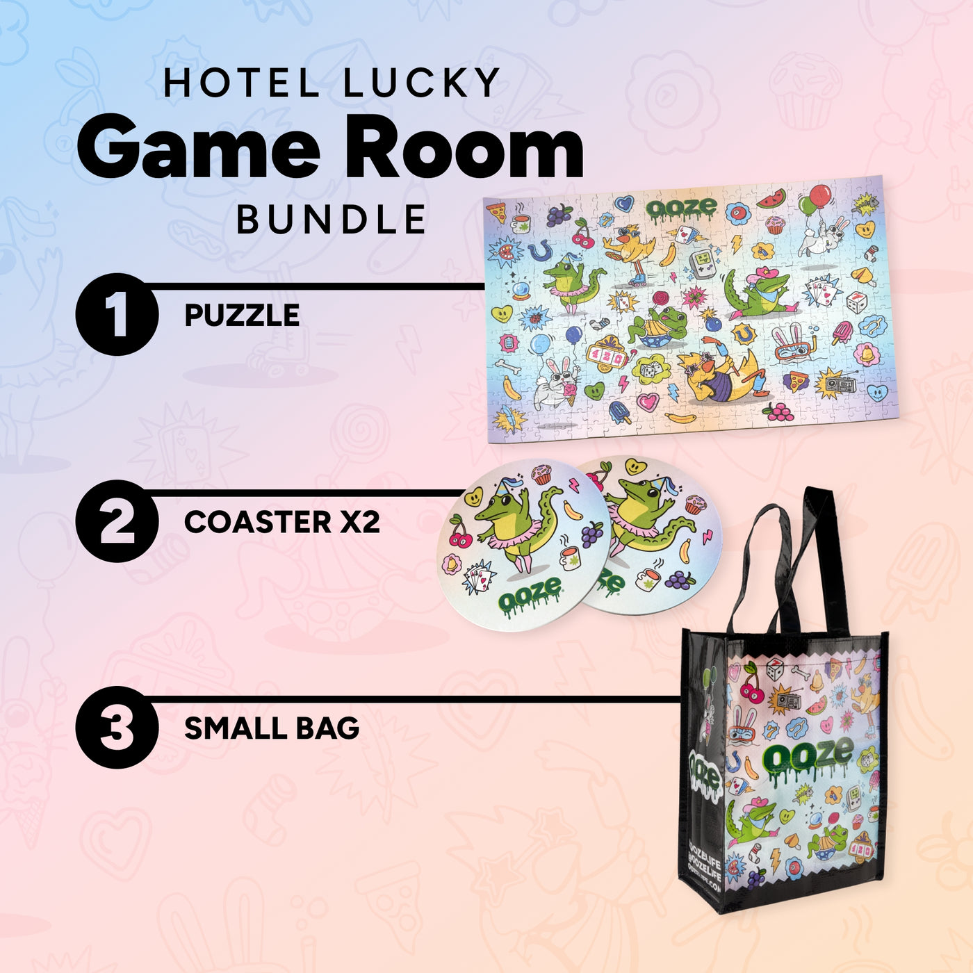 Hotel Lucky Game Room Bundle with puzzle, coasters, and tote bag on a gradient background