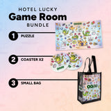 Hotel Lucky Game Room Bundle with puzzle, coasters, and tote bag on a gradient background