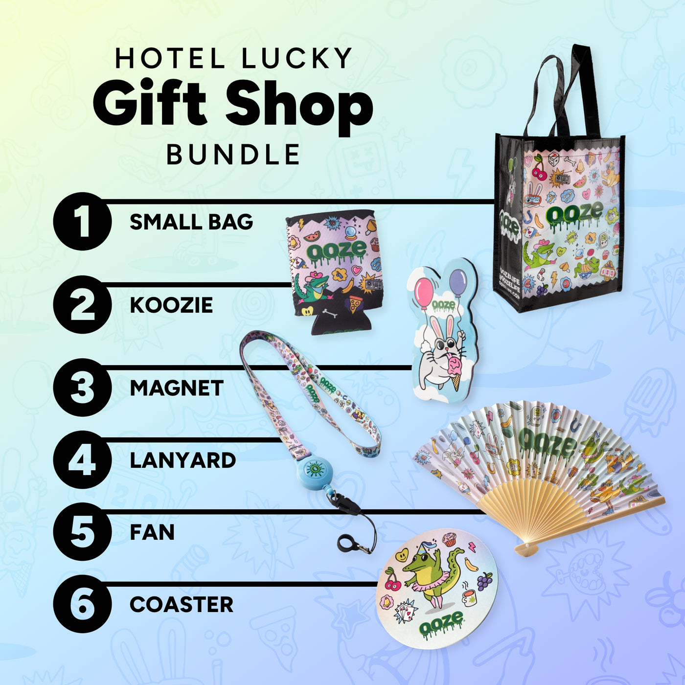 Hotel Lucky Gift Shop Bundle with small bag, koozie, magnet, lanyard, fan, and coaster on a gradient background.
