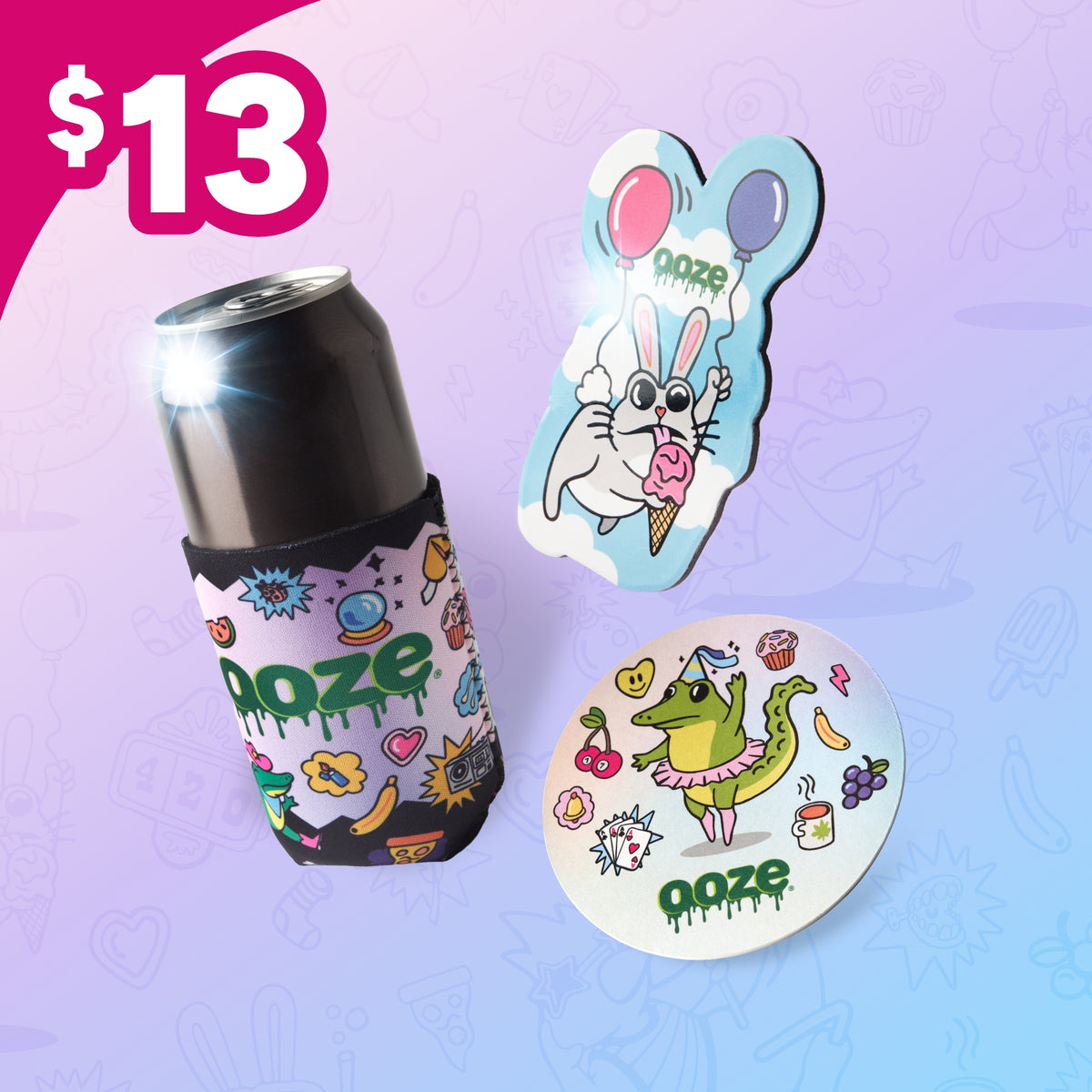 Hotel Lucky bar bundle shows slim can koozie, bunny magnet, and coaster for $13