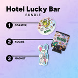 Ooze product bundle including a coaster, koozie, and magnet on a gradient background.