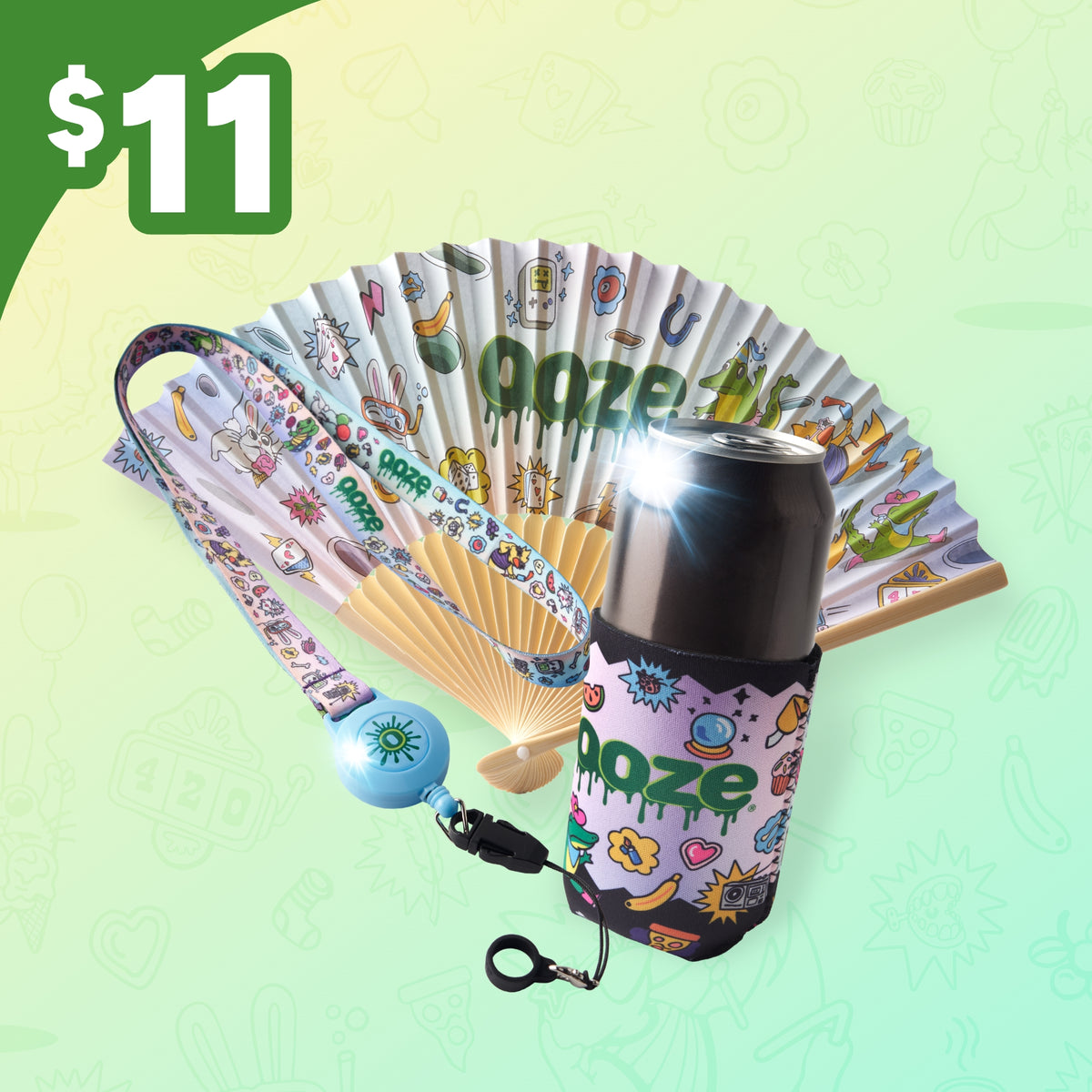 Ooze paper fan, lanyard, and slim can koozie for $11 with gradient background