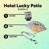 Hotel Lucky Patio Bundle with Koozie, fan, and lanyard on a gradient background