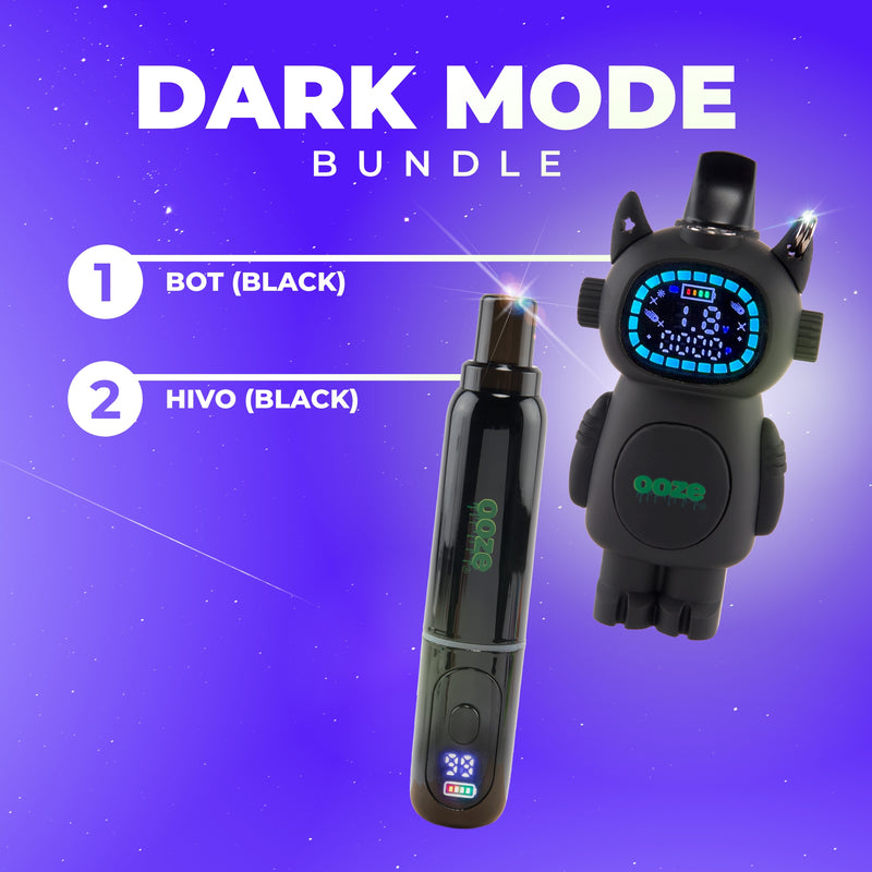 Two black electronic devices labeled 'BOT' and 'HIVO' with 'DARK MODE BUNDLE' text on a purple background.