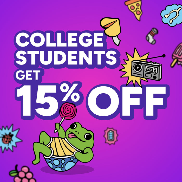 Promotional graphic with a frog character, colorful graphics, and text about college students getting 15% off on a purple background.