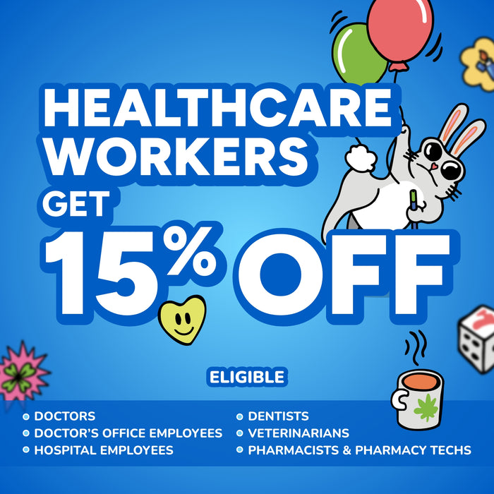 Promotional graphic for healthcare workers with cartoon dog, balloons, and coffee cup on blue background