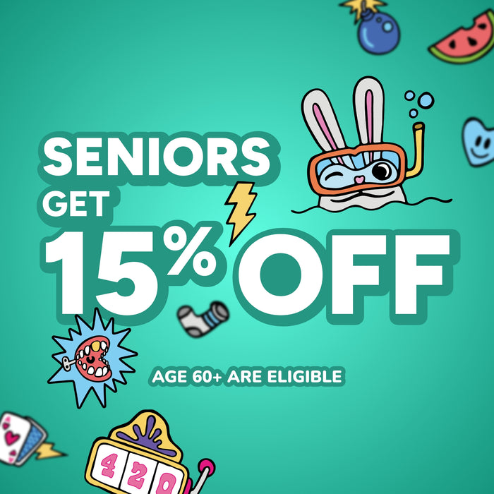 Promotional graphic with cartoon character, text 'Seniors Get 15% Off' on a teal background.