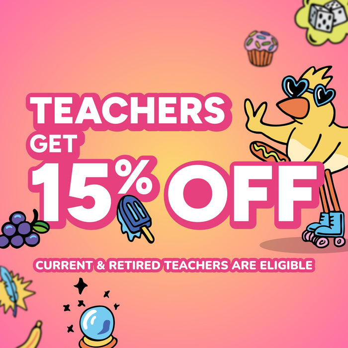 Promotional graphic for teachers with a cartoon character, colorful text, and various icons on a pink and orange gradient background.