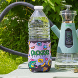 The Ooze Hotel Lucky slim can koozie is shown on a water bottle outside with a Ripley dab rig hookah in the background