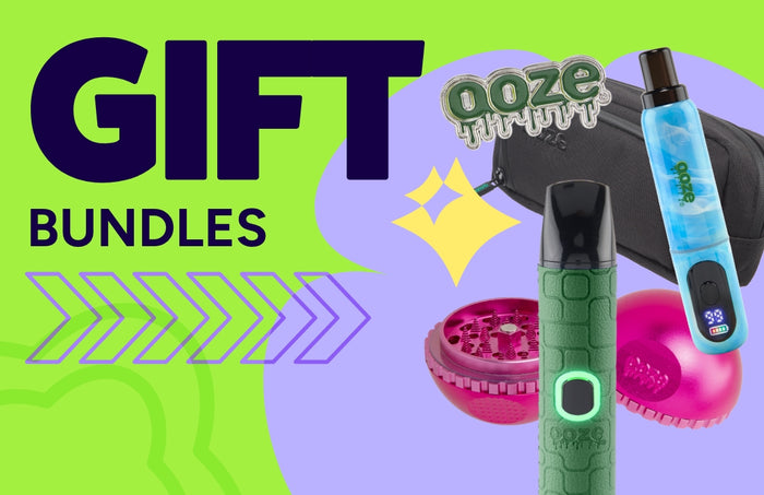 Gift Bundles promo graphic showing a variety of Ooze pens, a grinder, storage bag, and enamel pin on a purple and green background