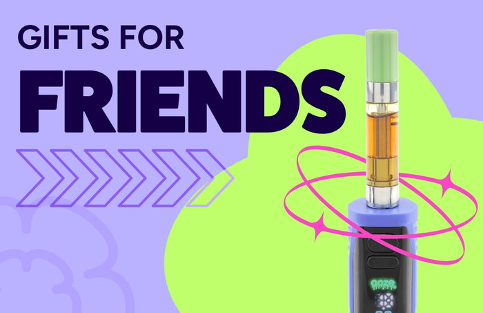 Gifts for Friends promo graphic showing a blue Ooze Runt mini battery on a green and purple background