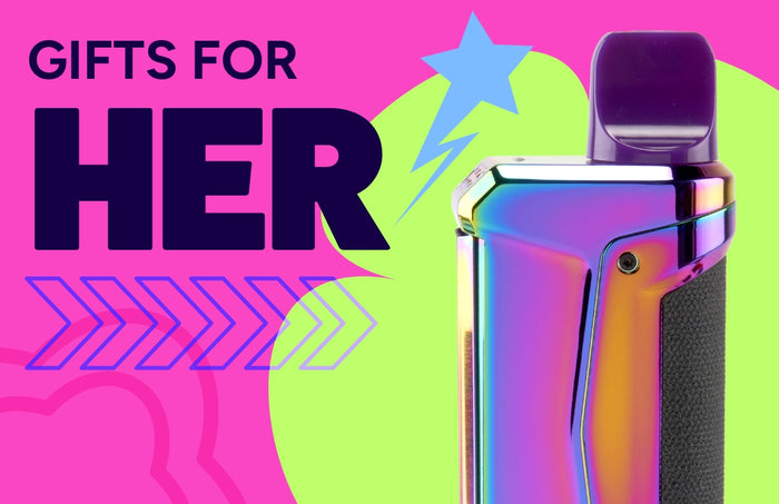 Gifts for Her showing a rainbow Ooze Duplex 2 vaporizer on a green and pink background