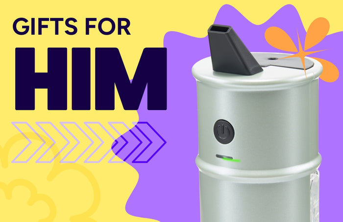 Gifts for Him promo graphic showing a sage Ooze Electro Barrel e-rig on a purple and yellow background