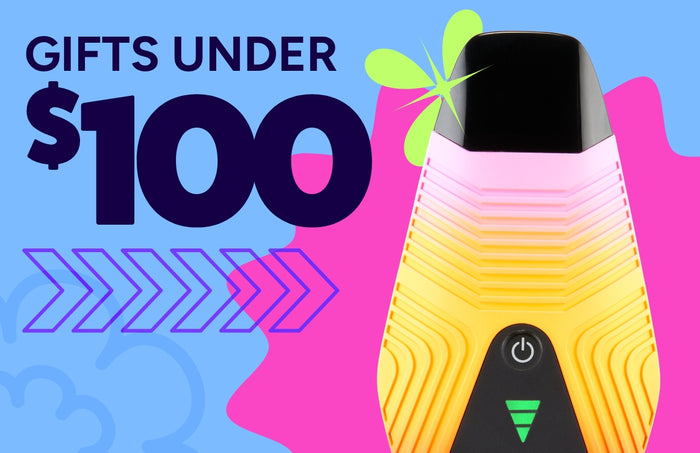 Gifts Under $100 graphic showing a sunshine Ooze Brink dry herb vape on a pink and blue background